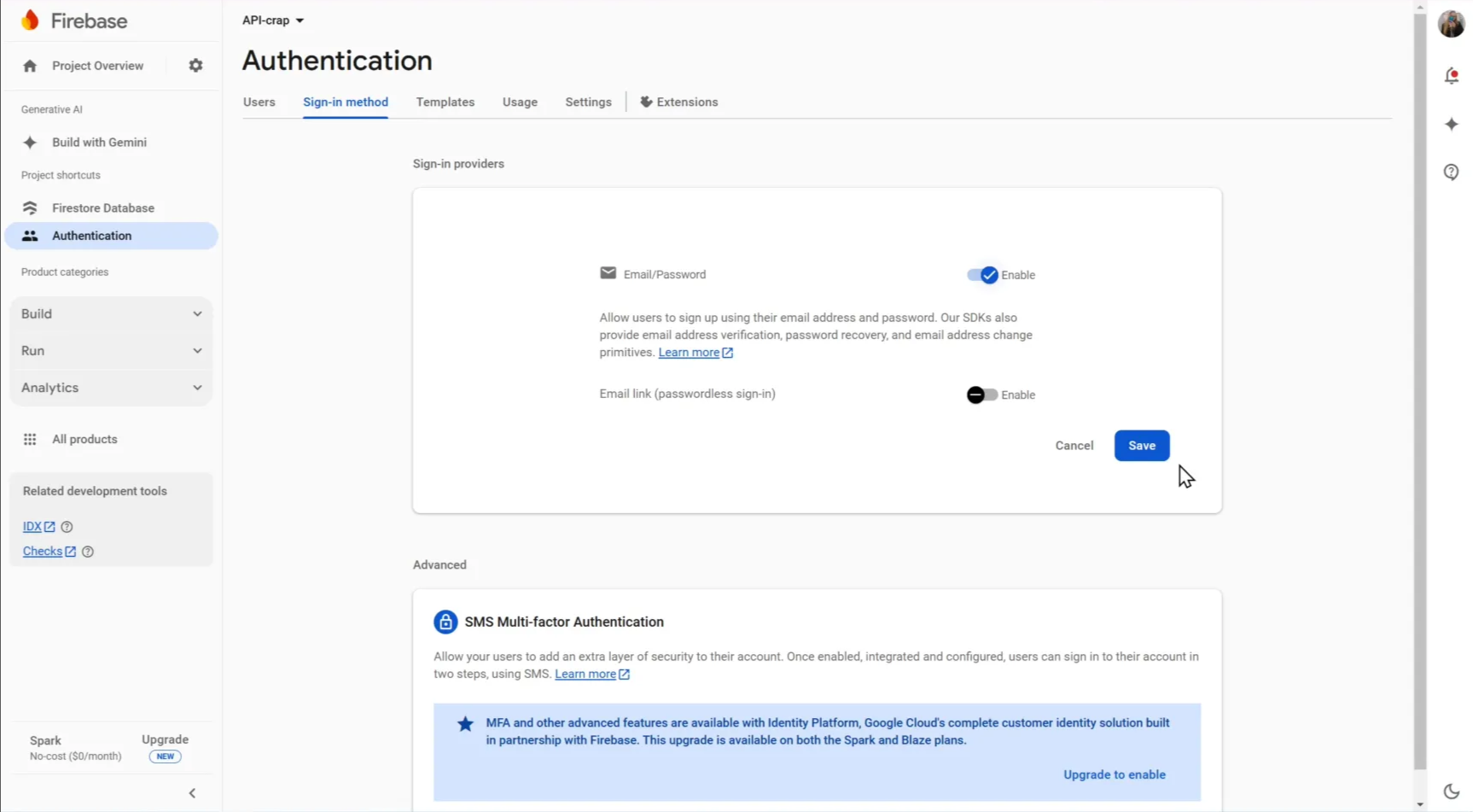 Firebase veebilehelt "Save"